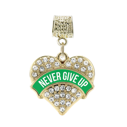 Gold Green Banner Never Give up Pave Heart Memory Charm