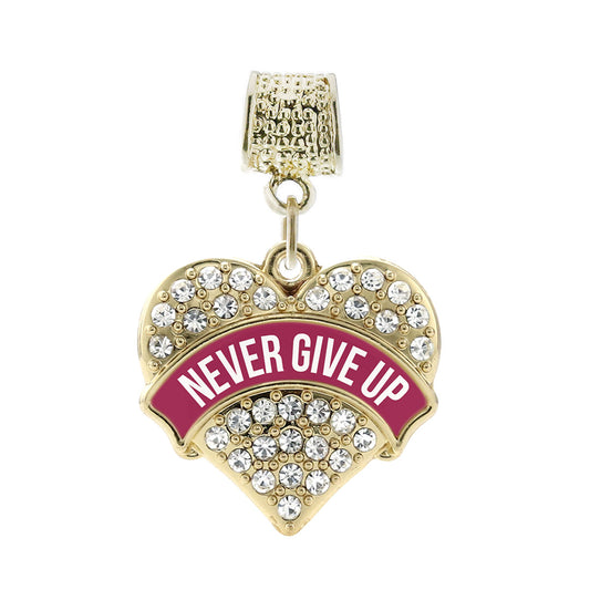 Gold Burgundy Banner Never Give Up Pave Heart Memory Charm