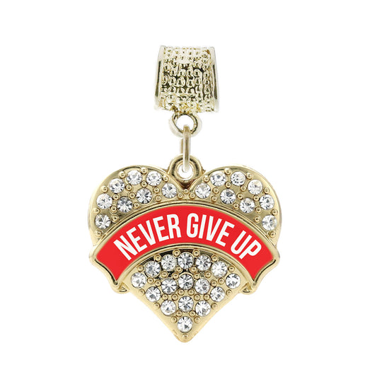 Gold Red Banner Never Give Up Pave Heart Memory Charm