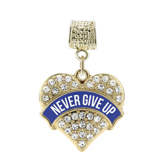 Gold Blue Banner Never Give Up Pave Heart Memory Charm