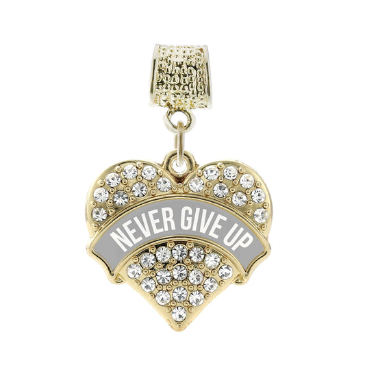 Gold Gray Banner Never GIve Up Pave Heart Memory Charm