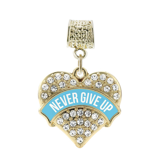 Gold Light Blue Banner Never Give Up Pave Heart Memory Charm