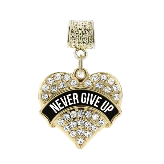 Gold Black Banner Never Give Up Pave Heart Memory Charm