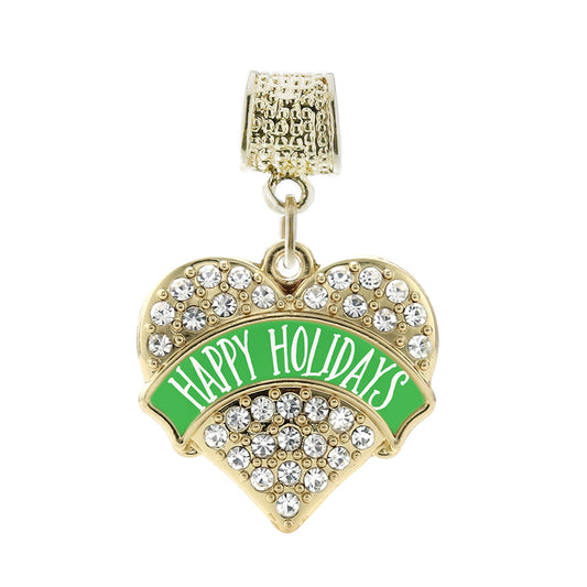 Gold Green Banner Happy Holidays Pave Heart Memory Charm