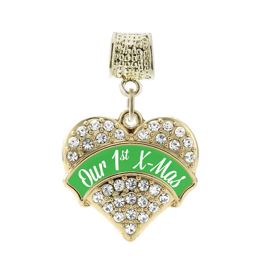 Gold Green Banner Our 1st X-Mas Pave Heart Memory Charm