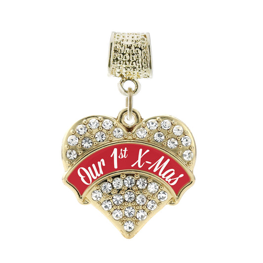 Gold Red Banner Our 1st X-Mas Pave Heart Memory Charm