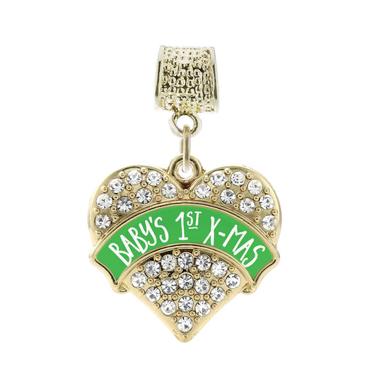Gold Green Banner Baby's 1st X-Mas Pave Heart Memory Charm