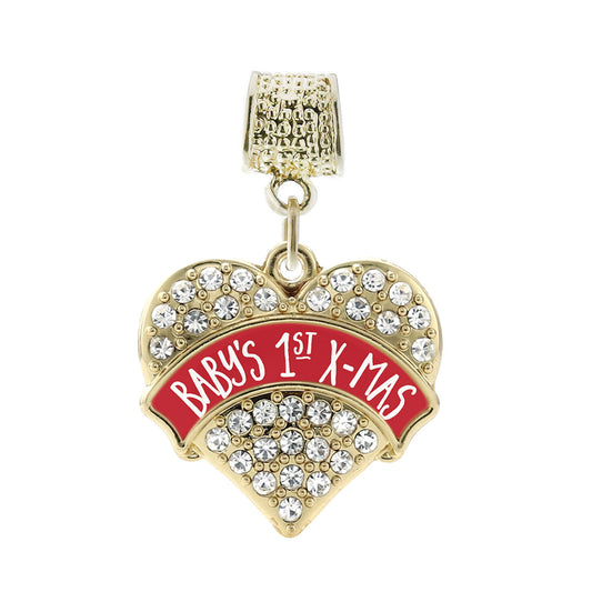 Gold Red Banner Baby's 1st X-Mas Pave Heart Memory Charm