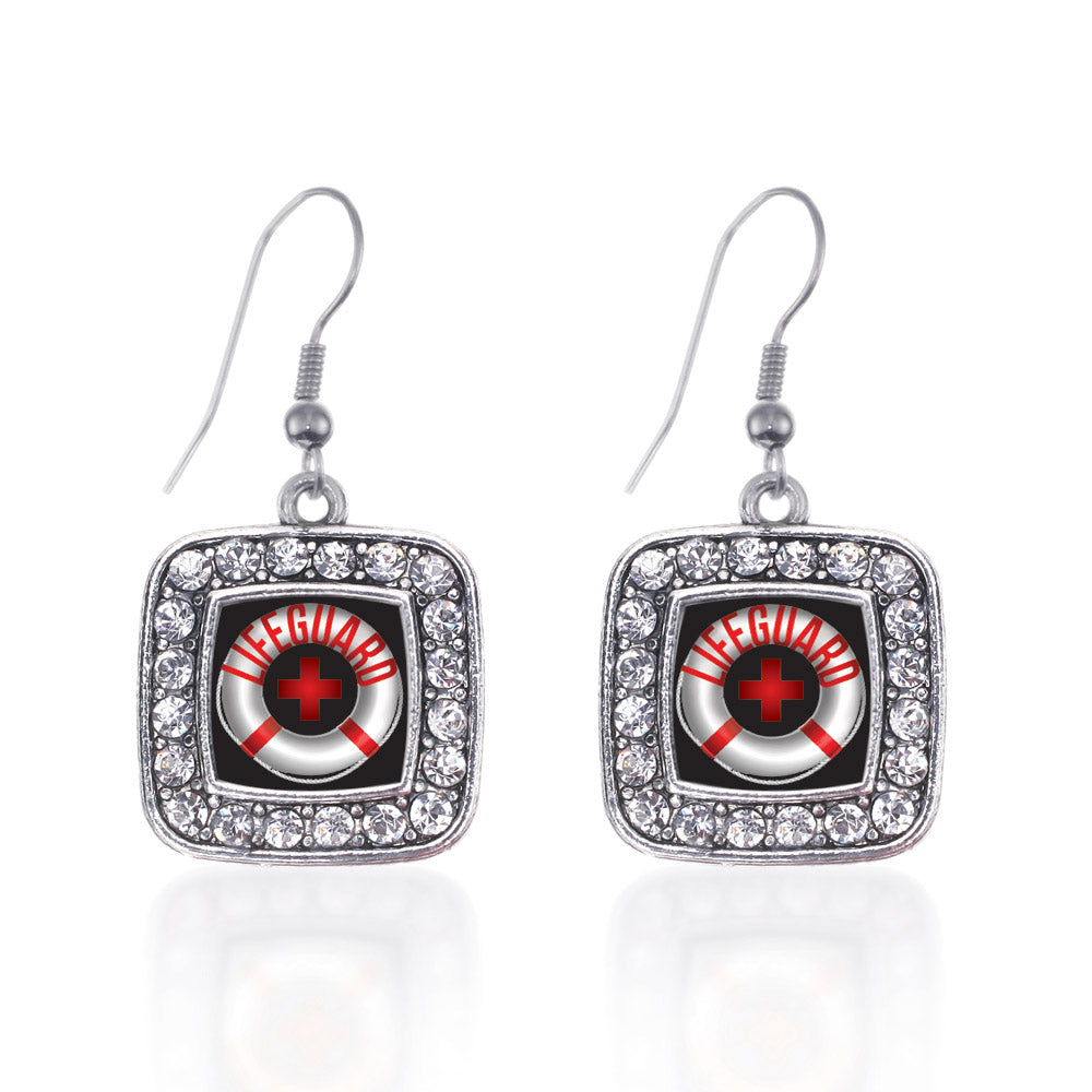 Silver Life Guard Square Charm Dangle Earrings