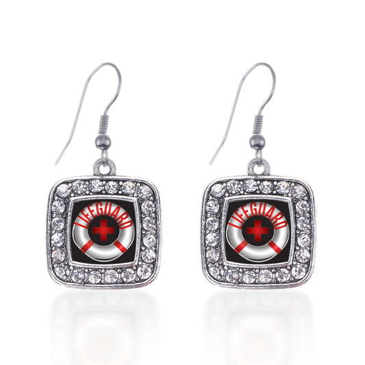 Silver Life Guard Square Charm Dangle Earrings