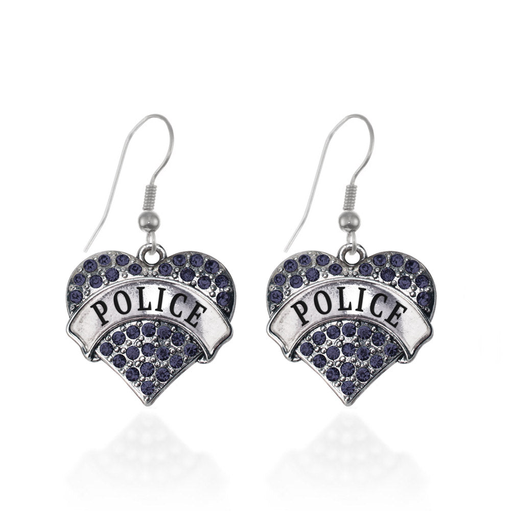 Silver Police Blue Pave Heart Charm Dangle Earrings