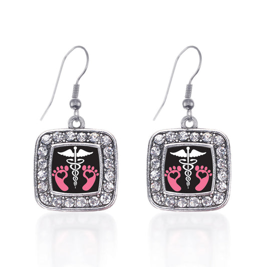 Silver Pediatrician Square Charm Dangle Earrings