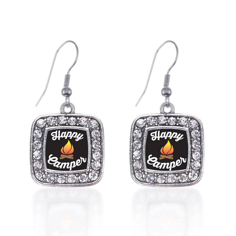 Silver Happy Camper Square Charm Dangle Earrings