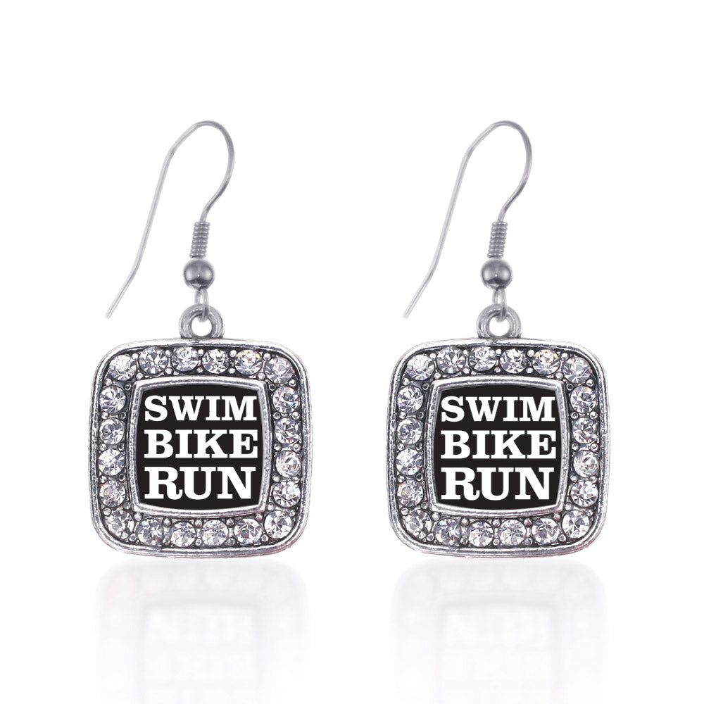 Silver The Triathletes Square Charm Dangle Earrings