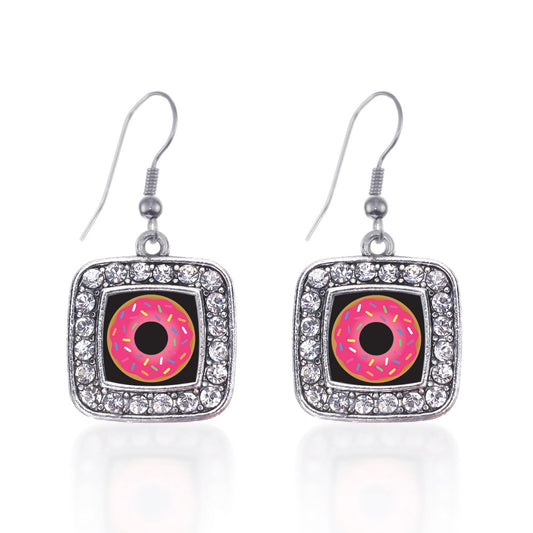 Silver Sprinkled Donut Square Charm Dangle Earrings