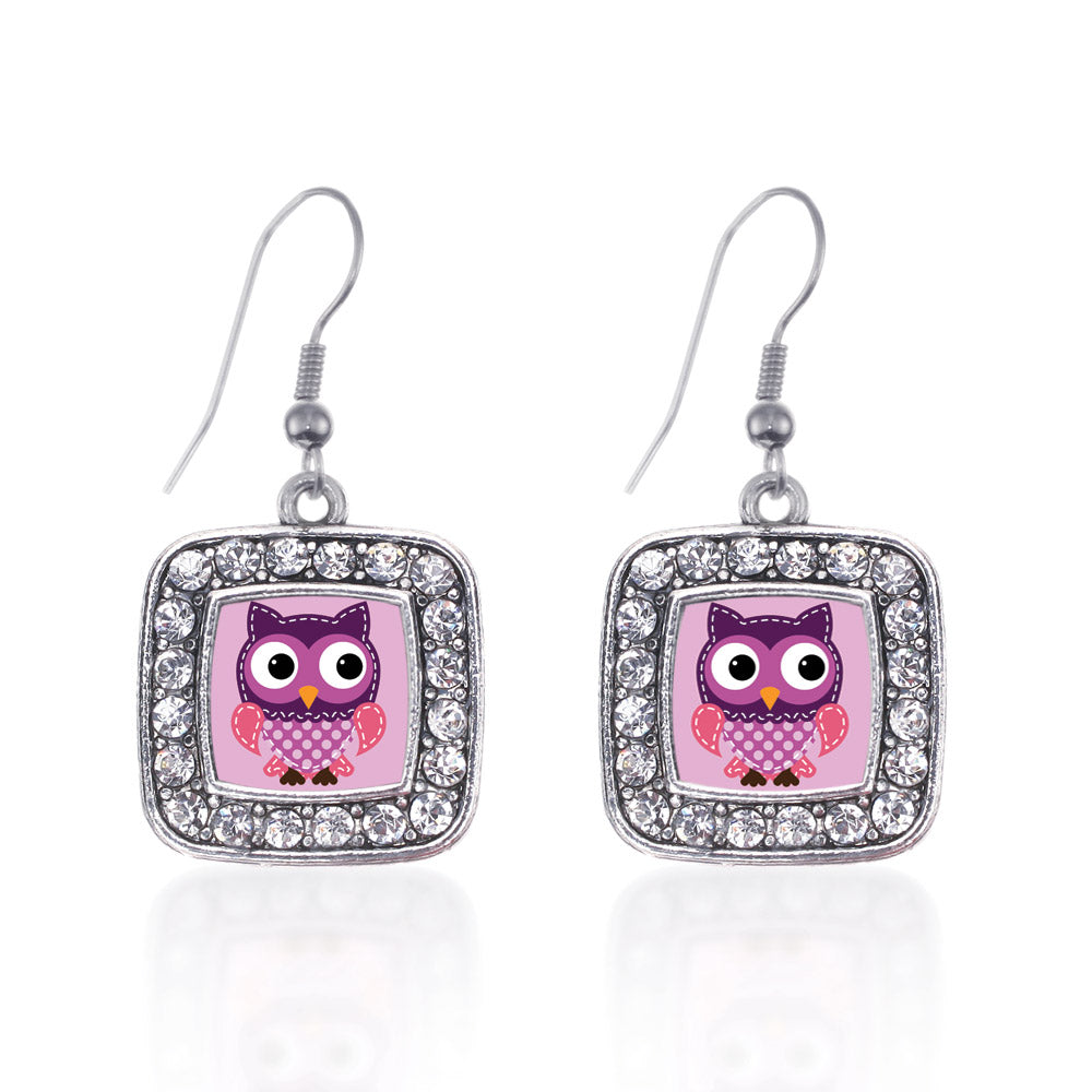 Silver Cute Owl Square Charm Dangle Earrings