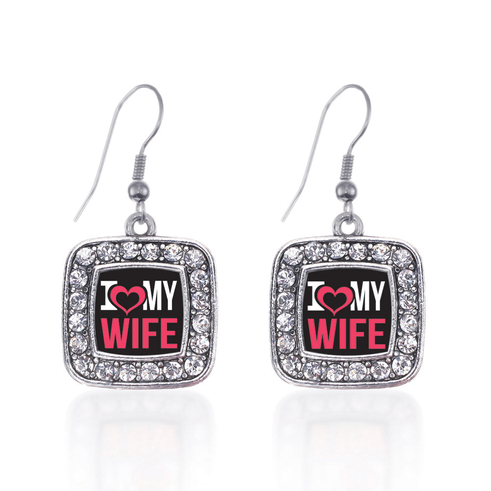 Silver I Love My Wife Square Charm Dangle Earrings