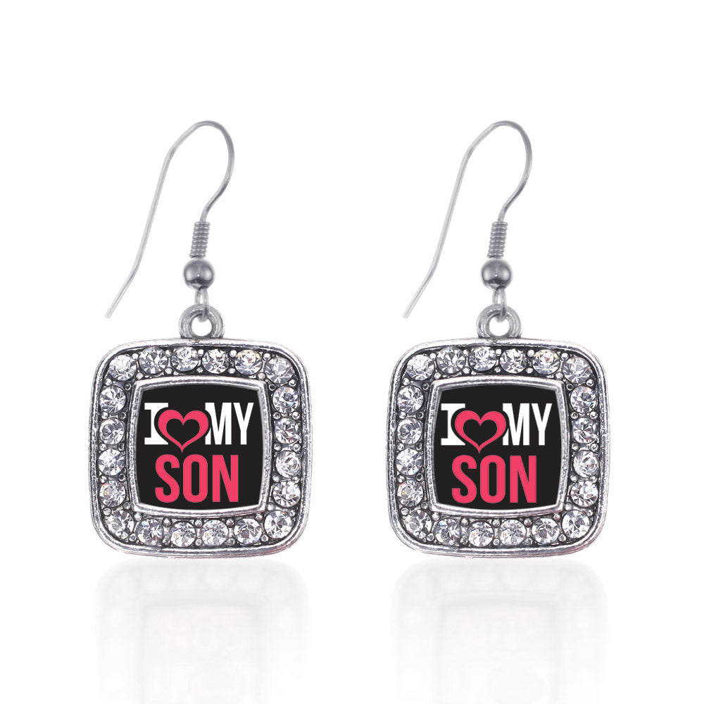 Silver I Love My Son Square Charm Dangle Earrings