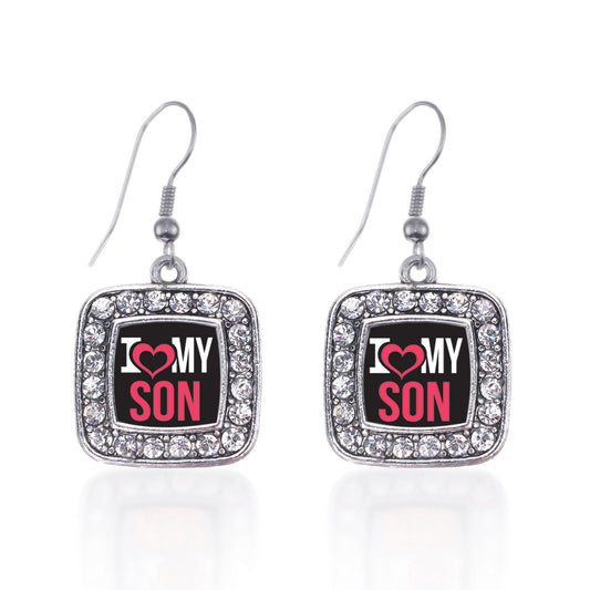 Silver I Love My Son Square Charm Dangle Earrings
