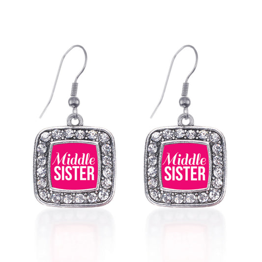 Silver Middle Sister Square Charm Dangle Earrings