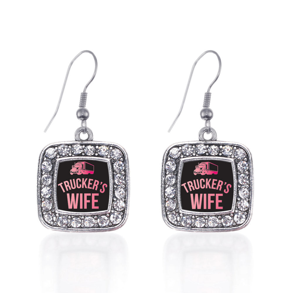 Silver Trucker's Wife Square Charm Dangle Earrings