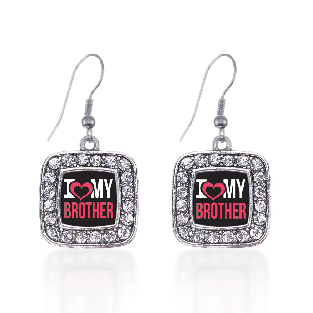 Silver I Love My Brother Square Charm Dangle Earrings