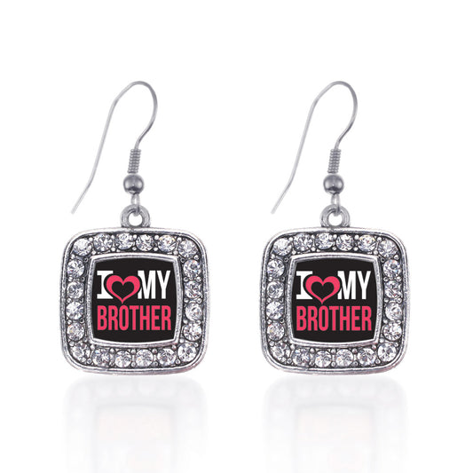 Silver I Love My Brother Square Charm Dangle Earrings