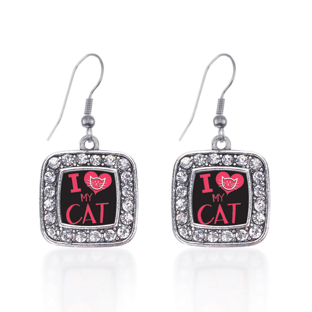 Silver I Love My Cat Square Charm Dangle Earrings