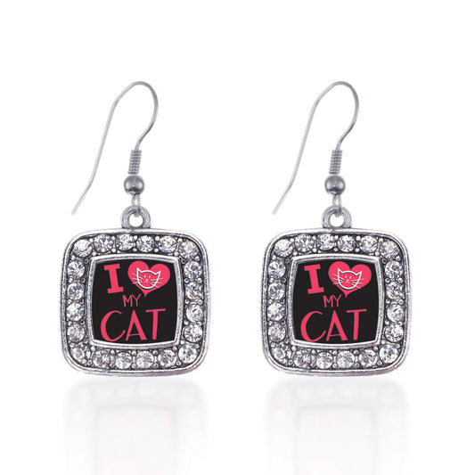 Silver I Love My Cat Square Charm Dangle Earrings