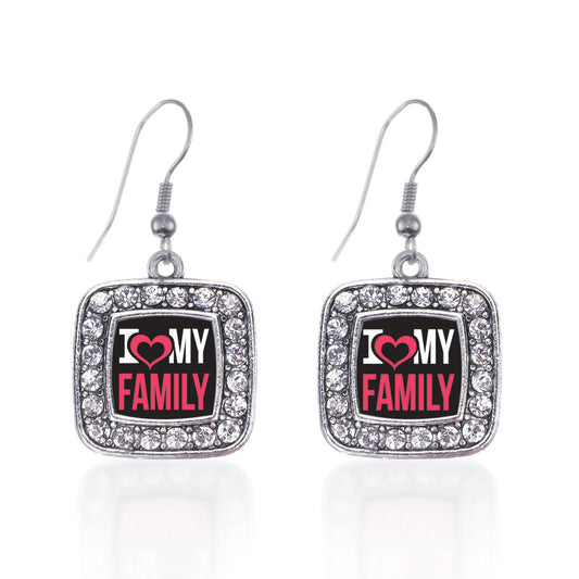 Silver I Love My Family Square Charm Dangle Earrings
