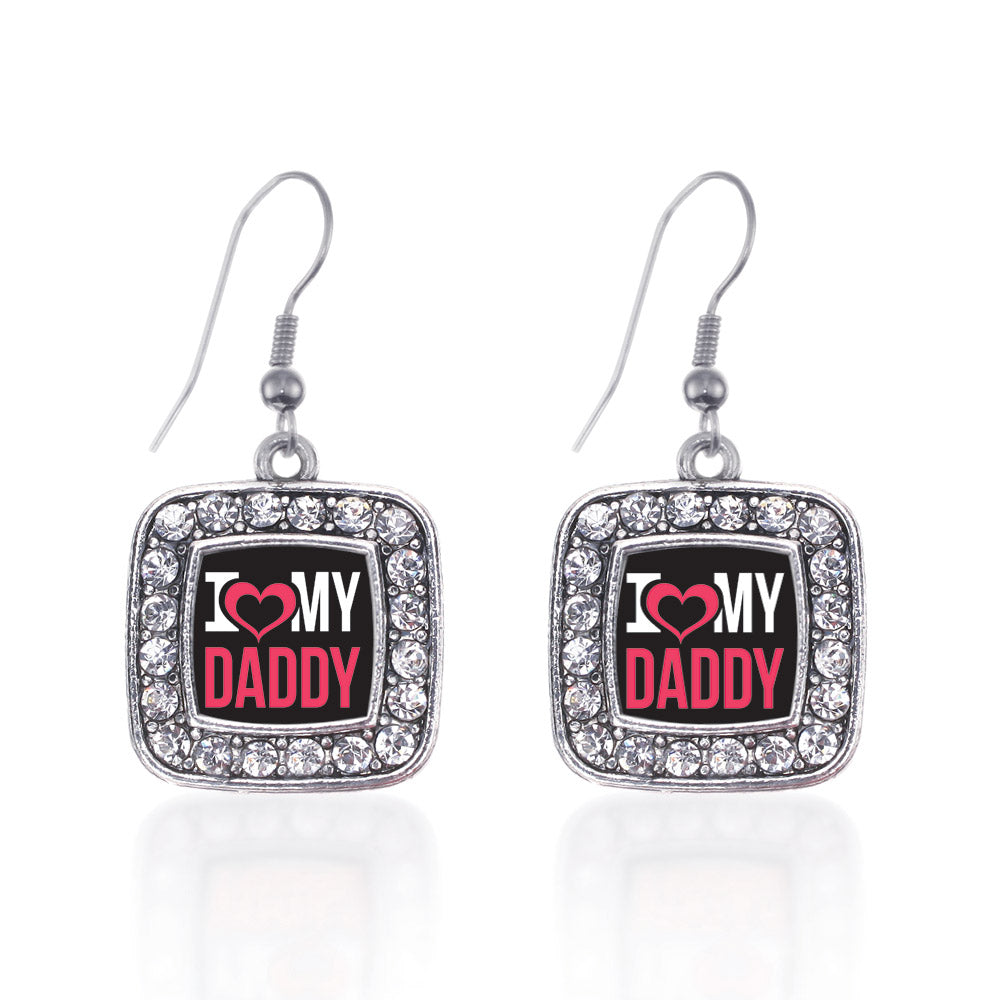 Silver I Love My Daddy Square Charm Dangle Earrings