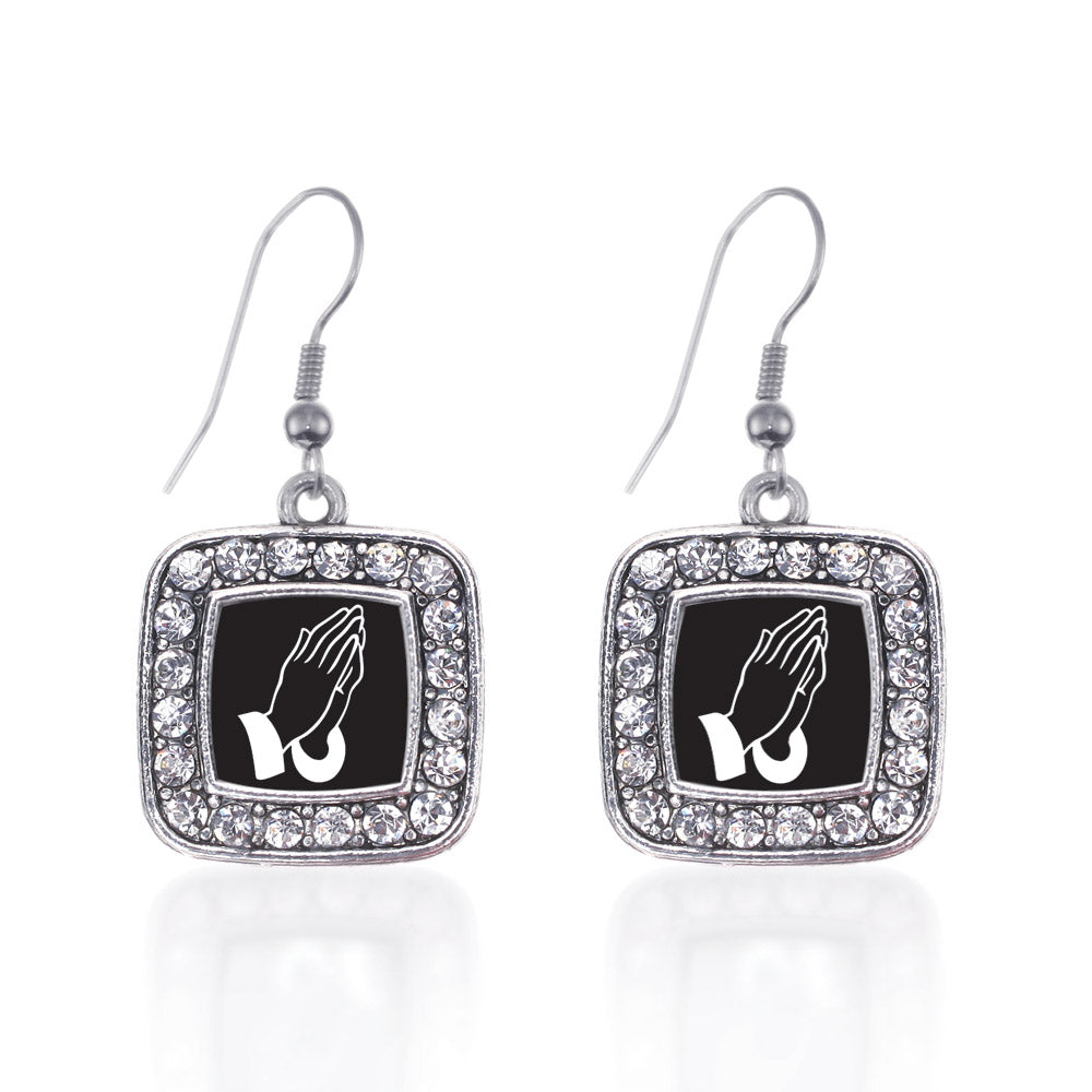 Silver Praying Hands Square Charm Dangle Earrings