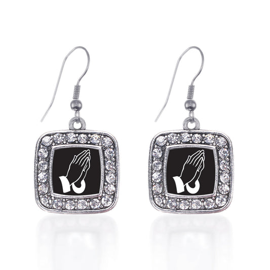 Silver Praying Hands Square Charm Dangle Earrings