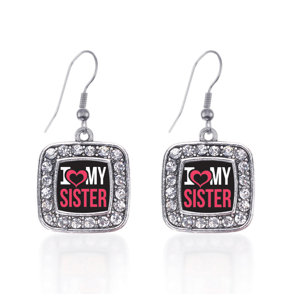 Silver I Love My Sister Square Charm Dangle Earrings