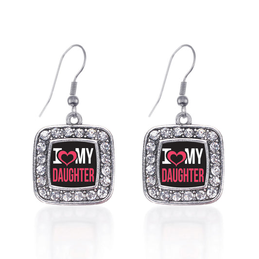 Silver I Love My Daughter Square Charm Dangle Earrings