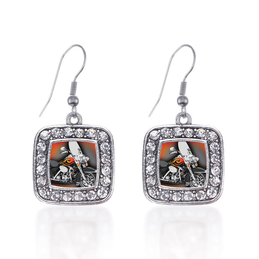 Silver Motorcycle Lovers Square Charm Dangle Earrings