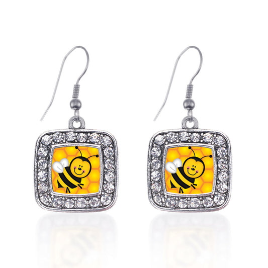 Silver Honey Bee Square Charm Dangle Earrings
