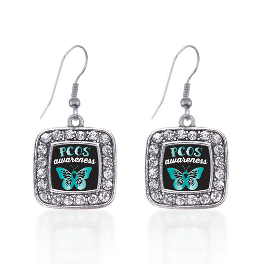 Silver PCOS Awareness Square Charm Dangle Earrings