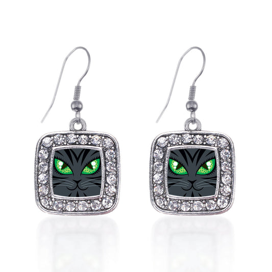 Silver Mischievous Cat Square Charm Dangle Earrings