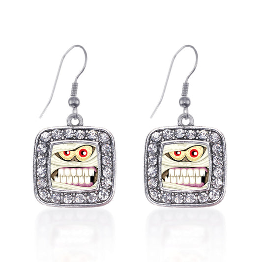 Silver Angry Mummy Square Charm Dangle Earrings