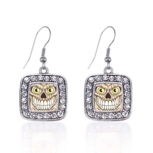 Silver Grinning Skull Square Charm Dangle Earrings
