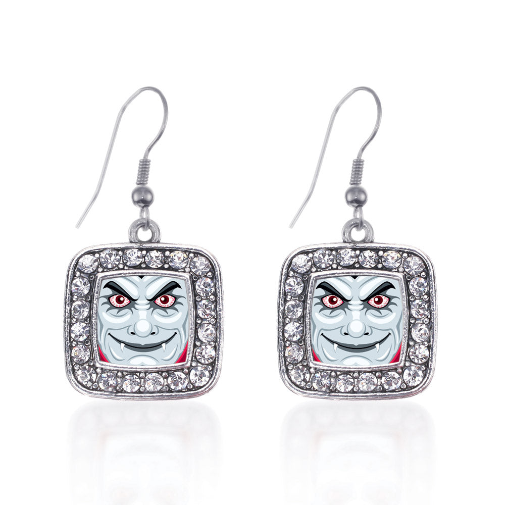 Silver Thirsty Vampire Square Charm Dangle Earrings