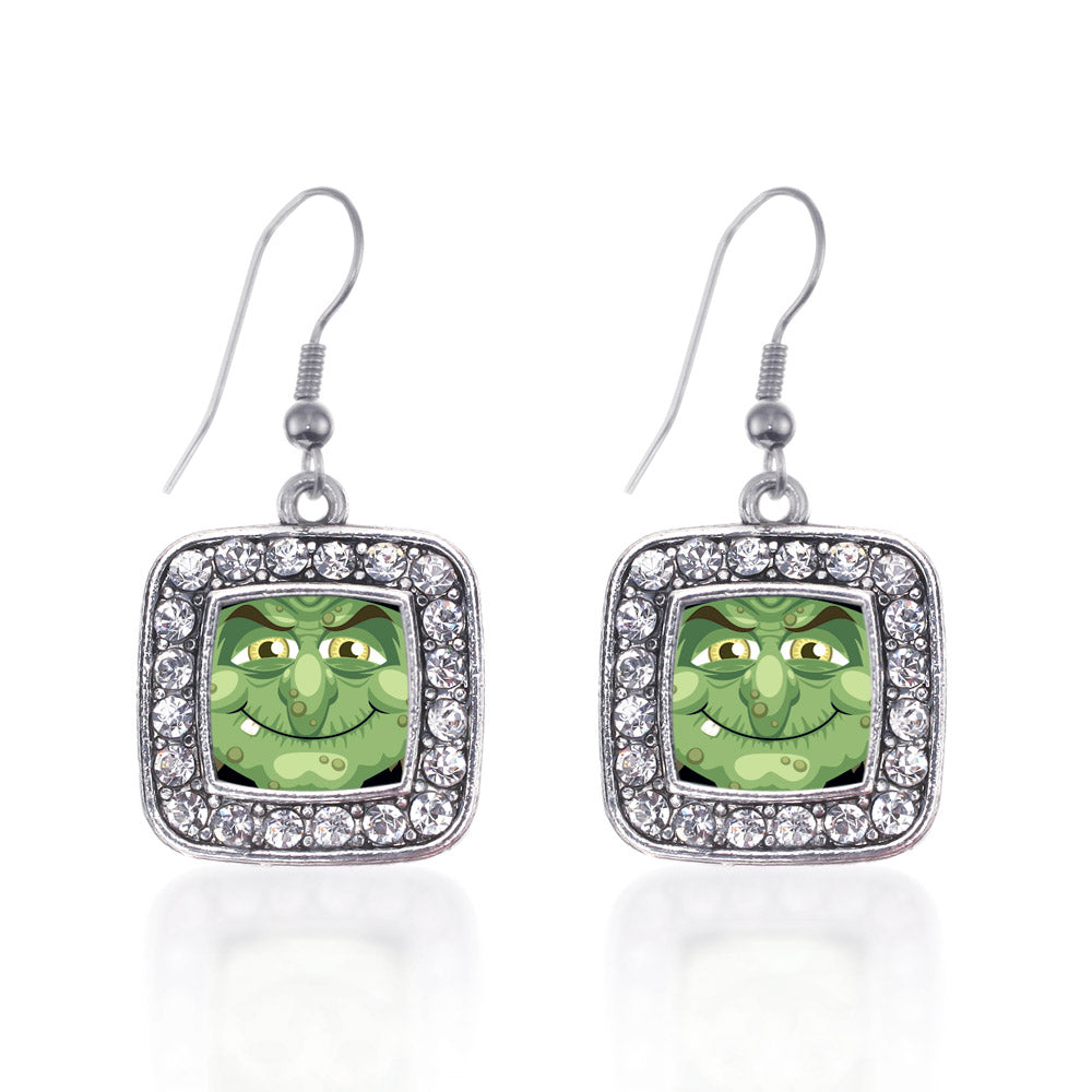 Silver Witty Witch Square Charm Dangle Earrings