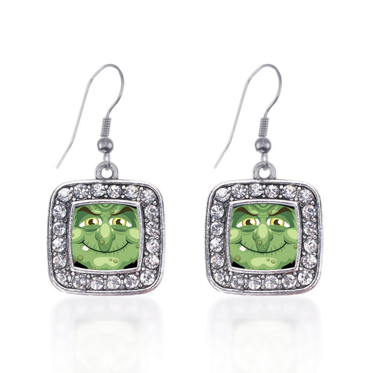 Silver Witty Witch Square Charm Dangle Earrings