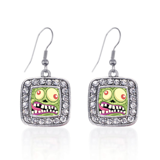 Silver Hungry Zombie Square Charm Dangle Earrings