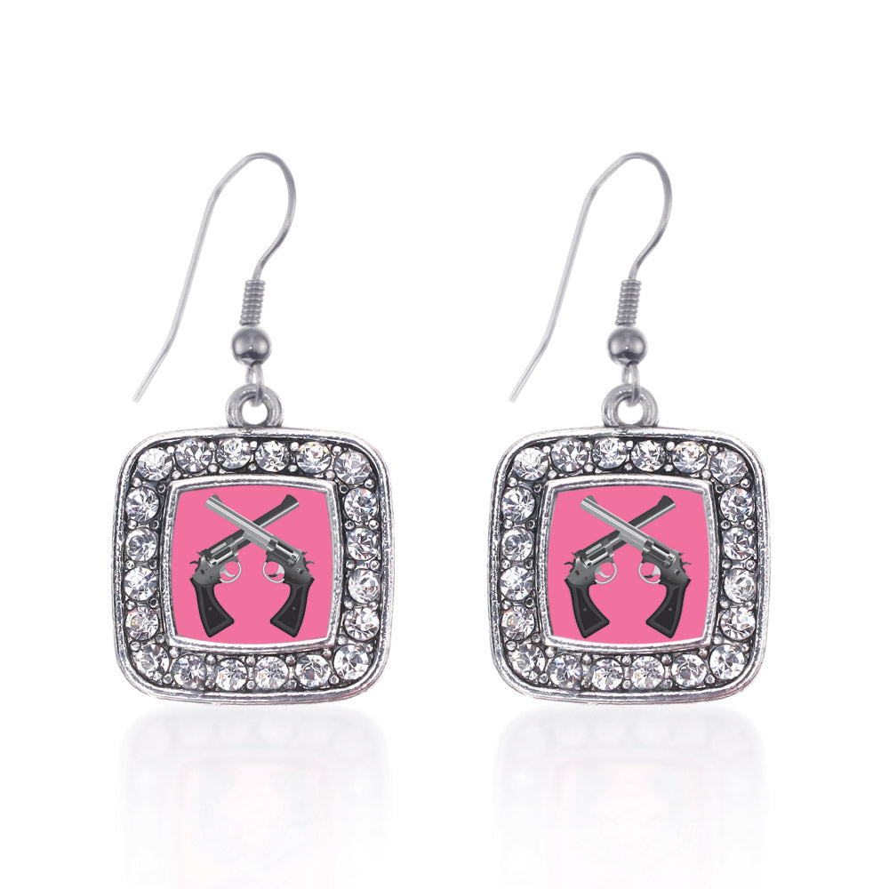 Silver Girls N' Guns Square Charm Dangle Earrings