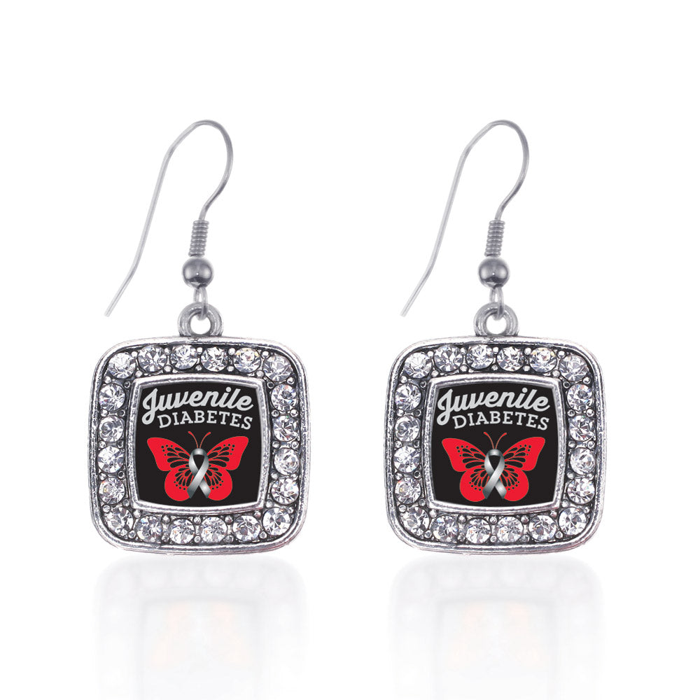 Silver Juvenile Diabetes Square Charm Dangle Earrings