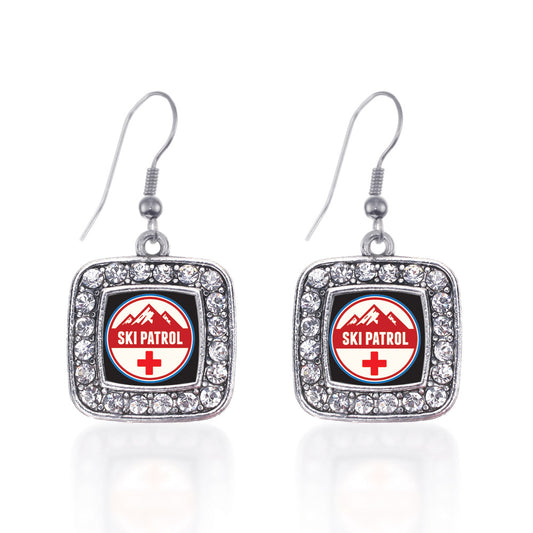 Silver Ski Patrol Square Charm Dangle Earrings