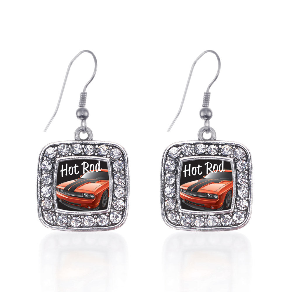 Silver Hot Rod Square Charm Dangle Earrings