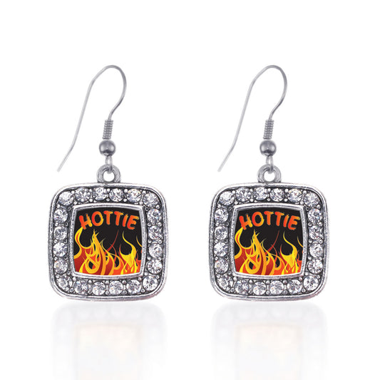 Silver Hottie Square Charm Dangle Earrings